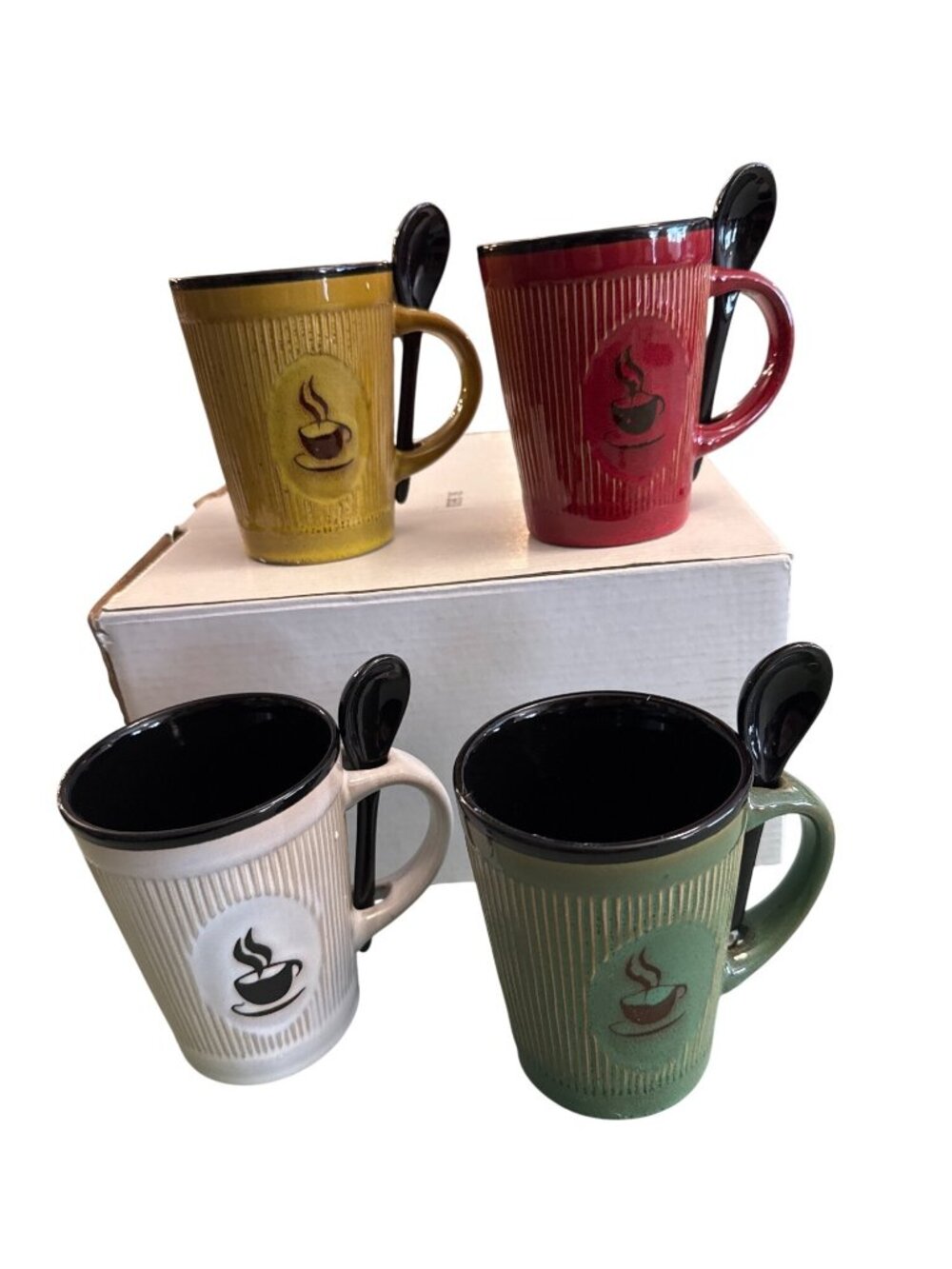 4 Piece Ceramic Coffee Mug Gift Set In Box with Spoons Assorted Colors NIB